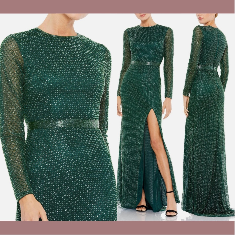 NEW $498 Mac Duggal [‎ 10 ] Beaded Long Sleeve High Slit Gown Bottle Green